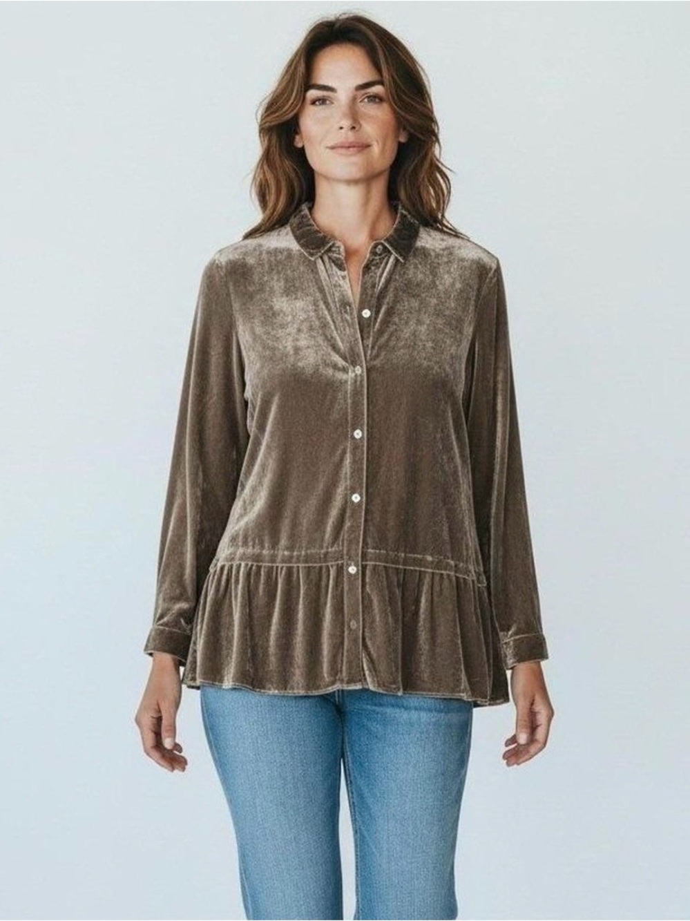 J. Jill Velvet Silk Blend Button Front Peplum Blouse Ruffle Hem Medium Holiday